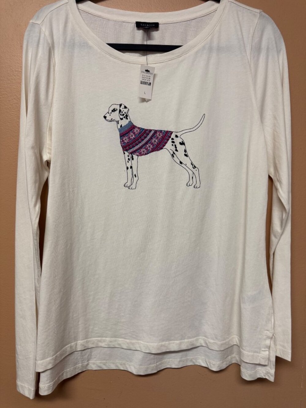 Talbots Dalmatian Dog Sweater Graphic Tee Beaded Sequin Long Sleeve Cotton L